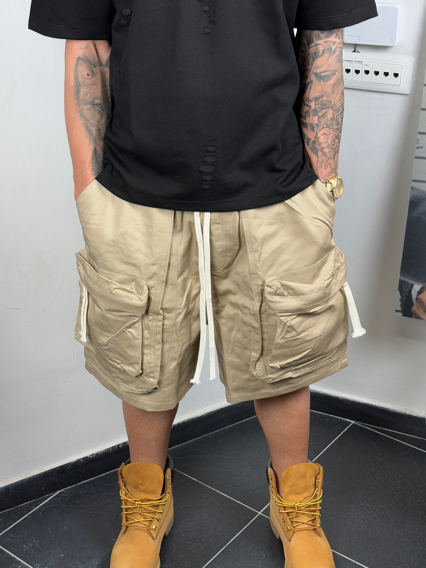 shorts over beige